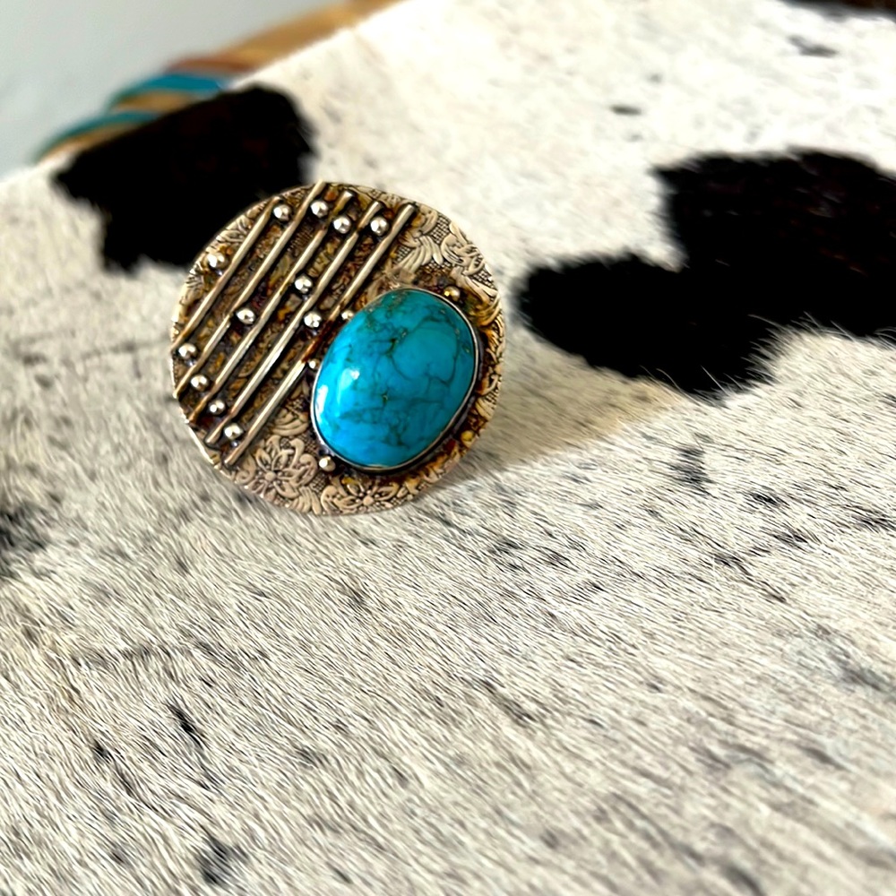Large boho sterling silver ring with turquoise size 8